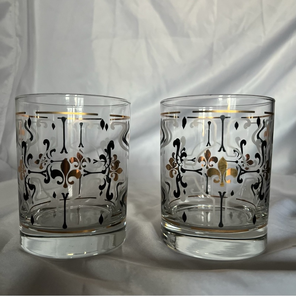 🥃 2 Lowball Rocks Old Fashioned Glasses Black Gold Fleur-de-lis vintage EUC MCM - Picture 14 of 16